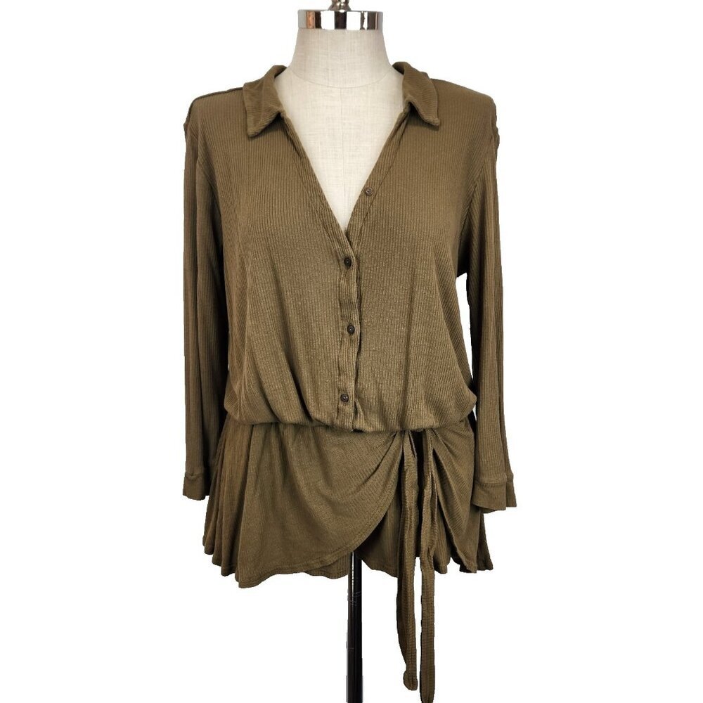 Free People Beach Lively Romper S Olive Green Long Sleeve V-Neck Button Front